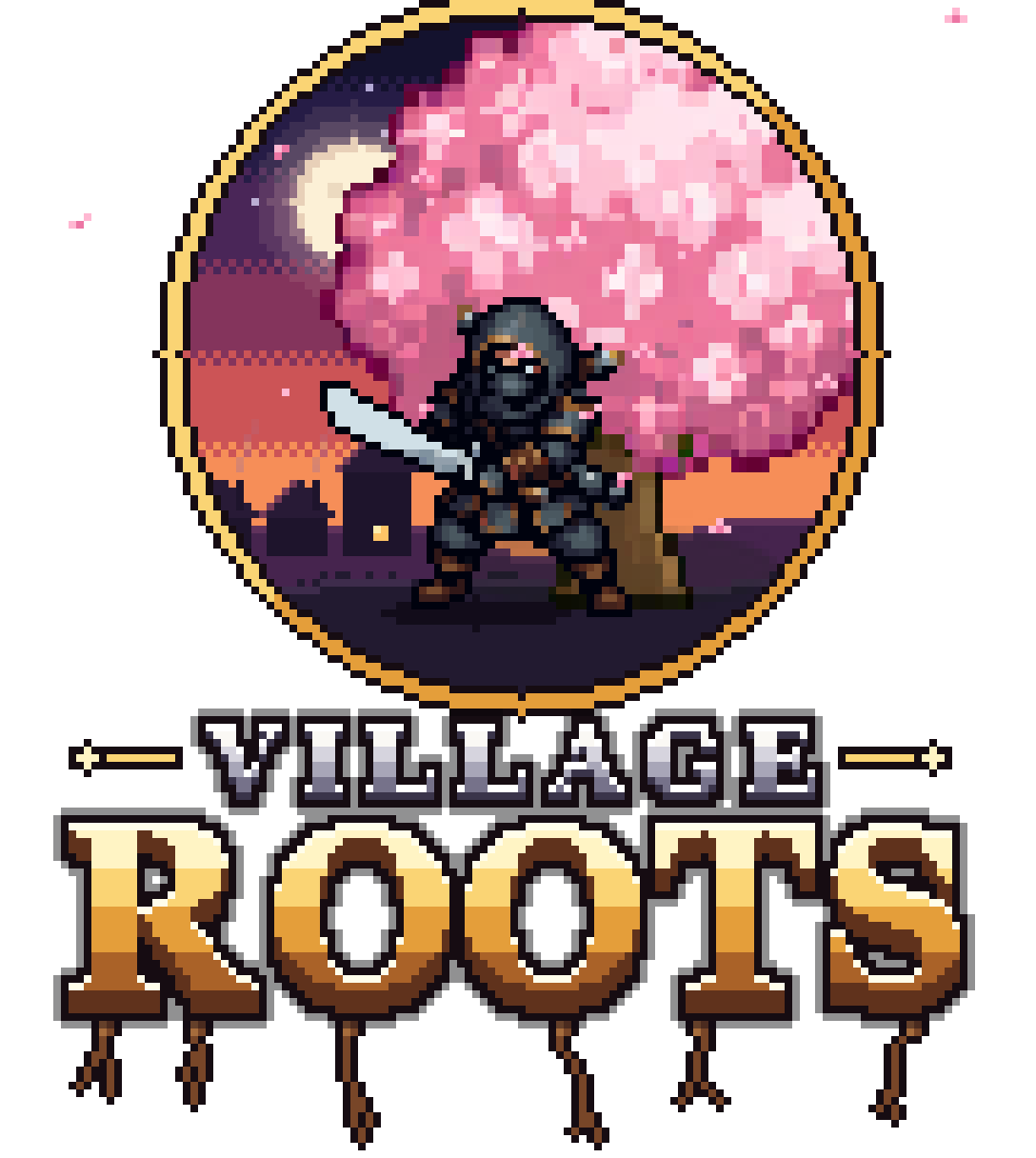 Village Roots logo: a hooded raider with a sword under a cherry tree at dusk, above the words Village Roots